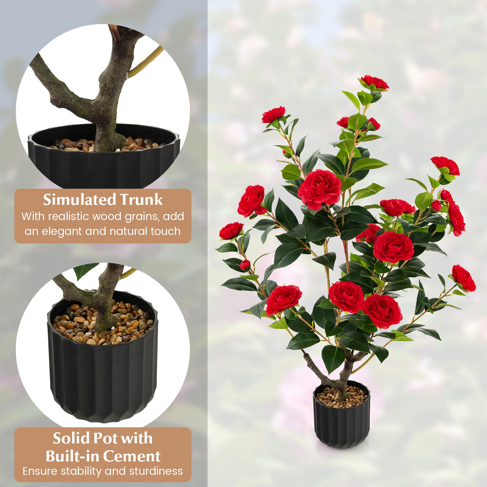 95cm Artificial Camellia Tree with Flowers and Rain-Flower Pebbles Red 2-Pack